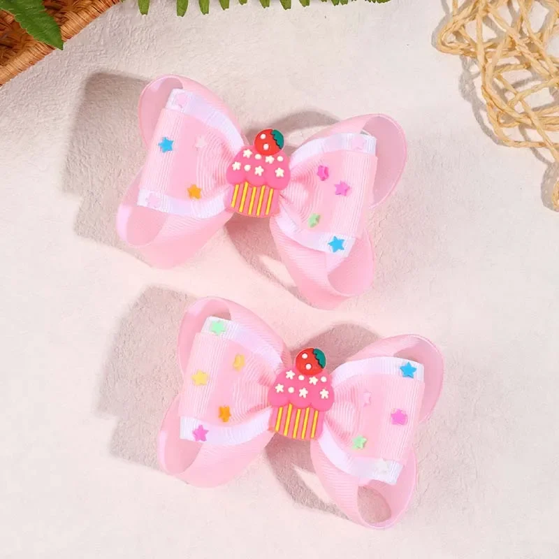 Oaoleer 2Pcs/set New Ice Cream Hair Bow Clips for Baby Girls Cute Ribbon Bows Hairpins Kids Headwear Hair Accessories  Barrettes