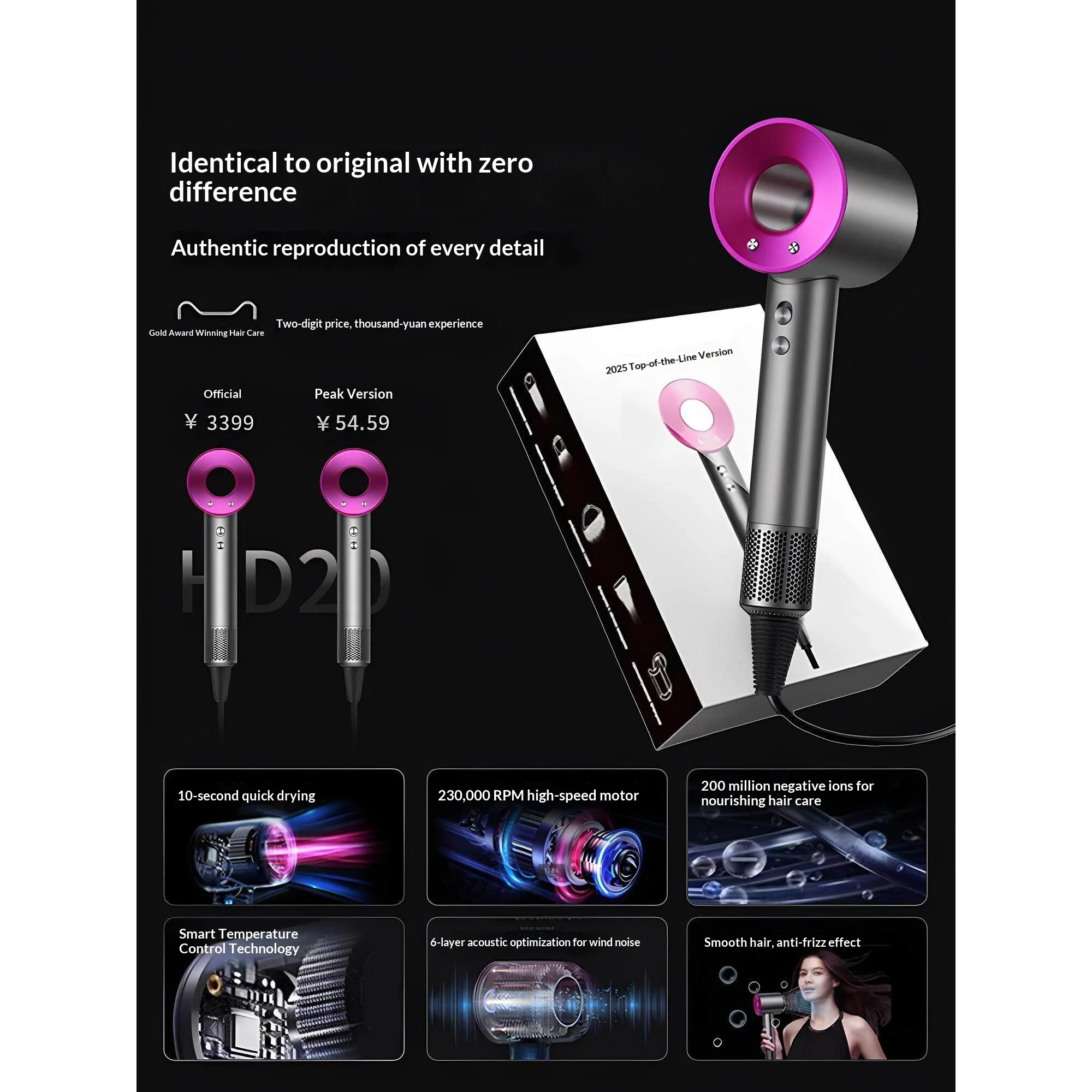 Coofull Hair Dryer Negative Ion Hair Care High Wind Power Hollow Bladeless Design Gathering Nozzle Noise Reduction Gift