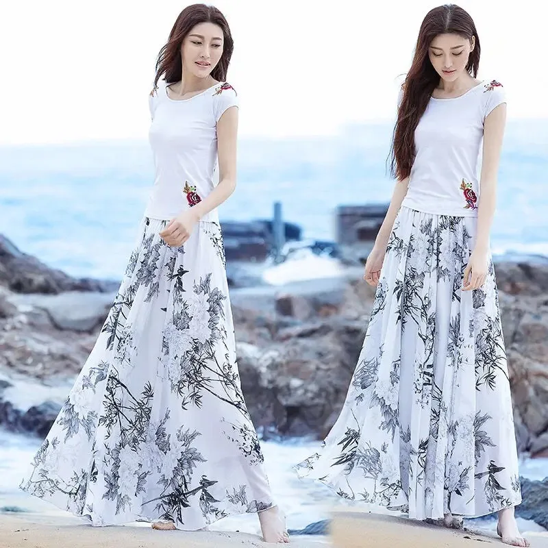 New Chiffon Skirts Ink Painting Print Spring Summer Floral Long Skirt Elegant Chic A-Line Full Length Skirt Ankle Beach Skirts