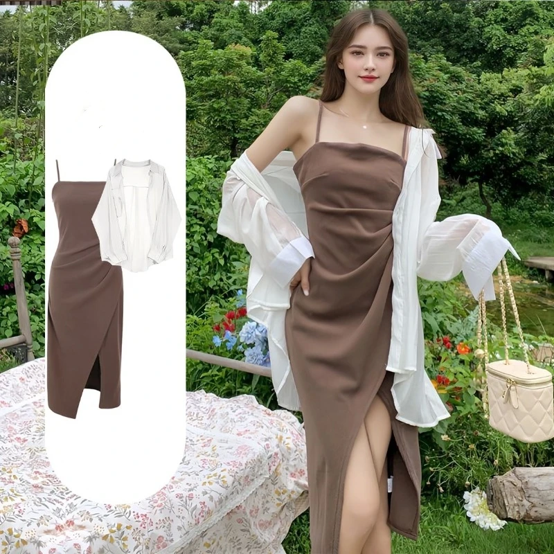 

Women's Summer White Sunscreen Shirts Split Sling Dress Two Piece Sets 2025 New Lady Graceful Blouse Camisole Dresses Outfits