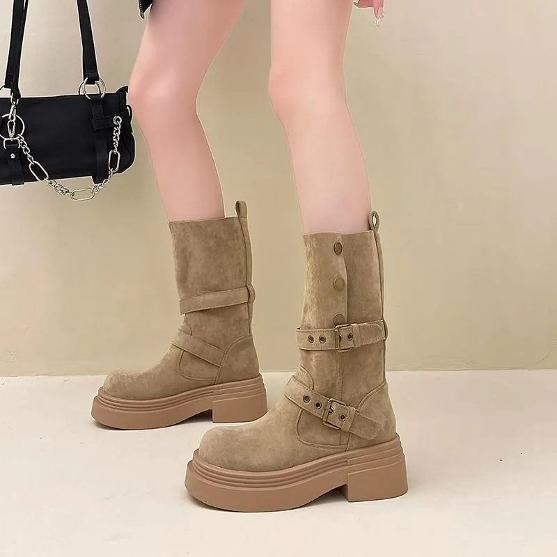 Women's Platform Boots 2026 Autumn New Style Fashion Two-piece Lapel Mid Leg Boots Retro Versatile Thick Soled Motorcycle Boots