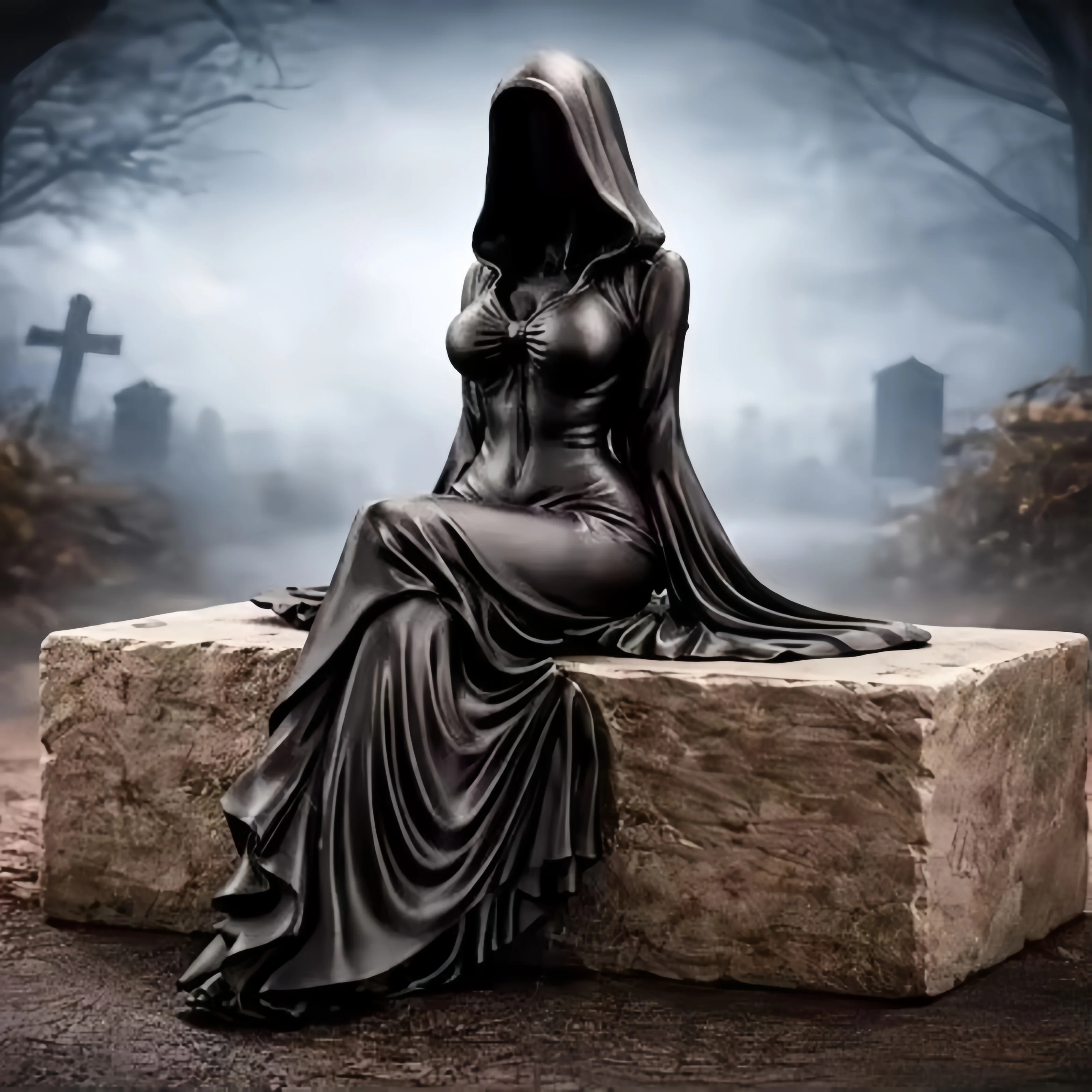 Gothic Faceless Hooded Lady Sculpture 3D Print Black Long Robe Sitting Statue Mysterious Dark Priestess Resin Ornament Home Desk