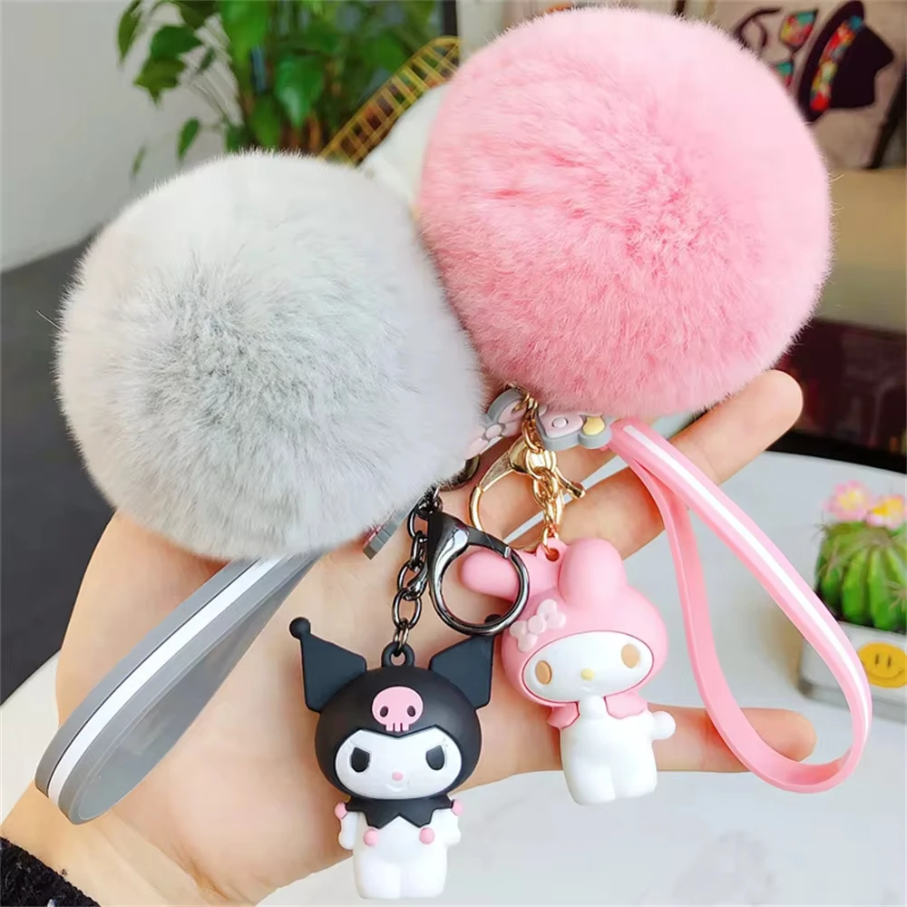 Sanrio Kuromi Hello Kitty Melody Cinnamoroll Cute Keychains with Fluffy Rabbit Fur Ball Women Girl Bag Pendant Keyring Gifts