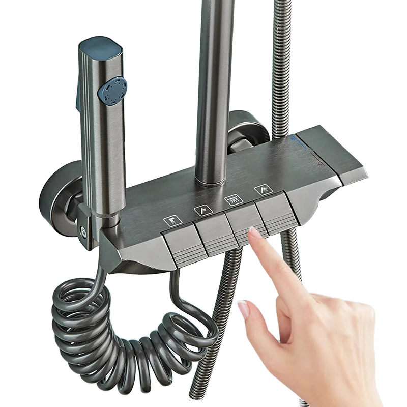 

Однорычажный душевой набор с хромированными насадками высокого давления, режимами холодной и горячей воды, мягкого дождевого и паузового распыления для ванной комнаты