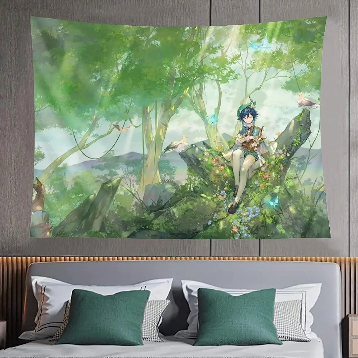 

Game Genshin Impact Venti Tapestry, 80" x 60" Inch, Anime Animation Comic Tapestry Wall Hanging,Dear Traveler,I Wish You