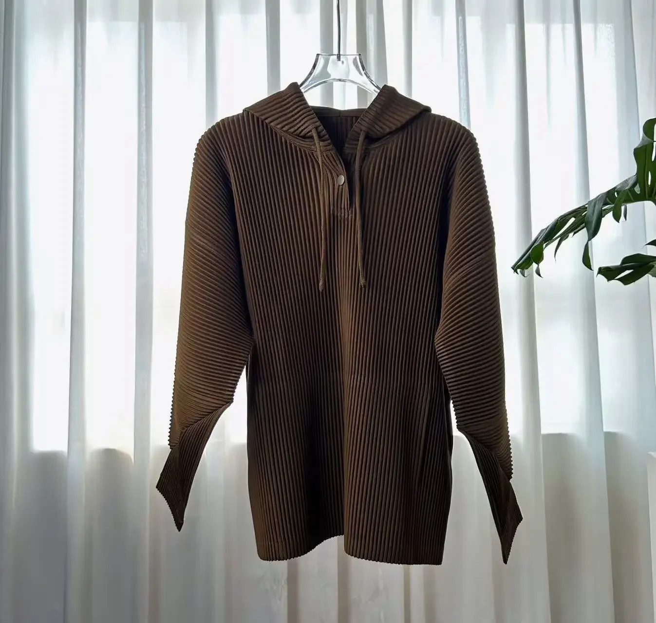Miyake Women Pleated Hooded Top Drawstring Long Sleeve Loose Solid Color Vertical Pleat Blouse