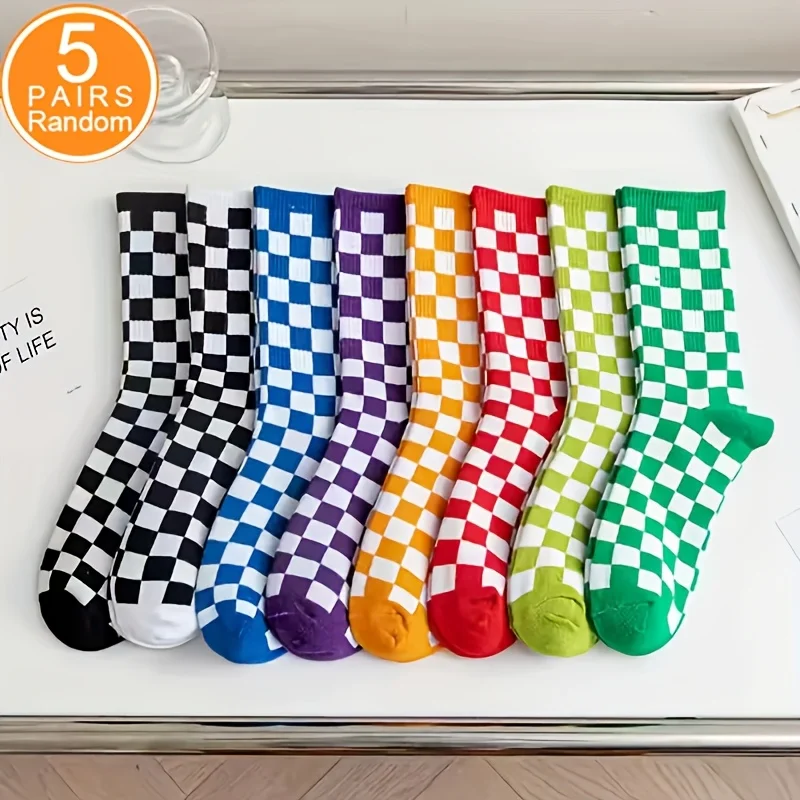 Vintage Plaid Crew Socks Women Men Fashion Street Hip Hop Skateboard Long Sock Soft Breathable Cotton Color Block Casual Hosiery