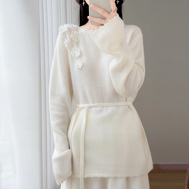 Round neck three-dimensional flower lace-up long pure cashmere sweater women's sweater fashion slim sweater