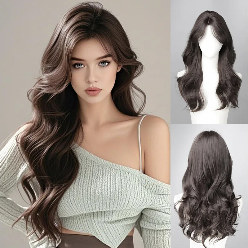 Zwartbruine golvende zijden krullende pruik op hoge temperatuur, natuurlijk haar voor cosplayfeesten, dagelijks gebruik
