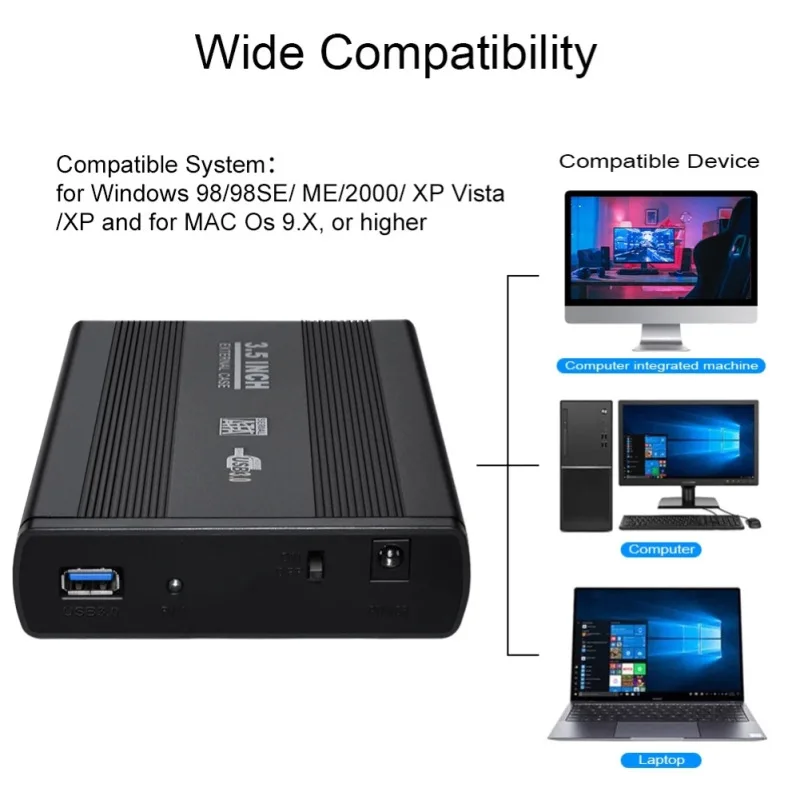 Custodia per disco rigido da 3,5 pollici SATA USB 3.0 Custodia per disco rigido in lega di alluminio Custodia per disco rigido esterno con cavo USB per PC Computer portatile