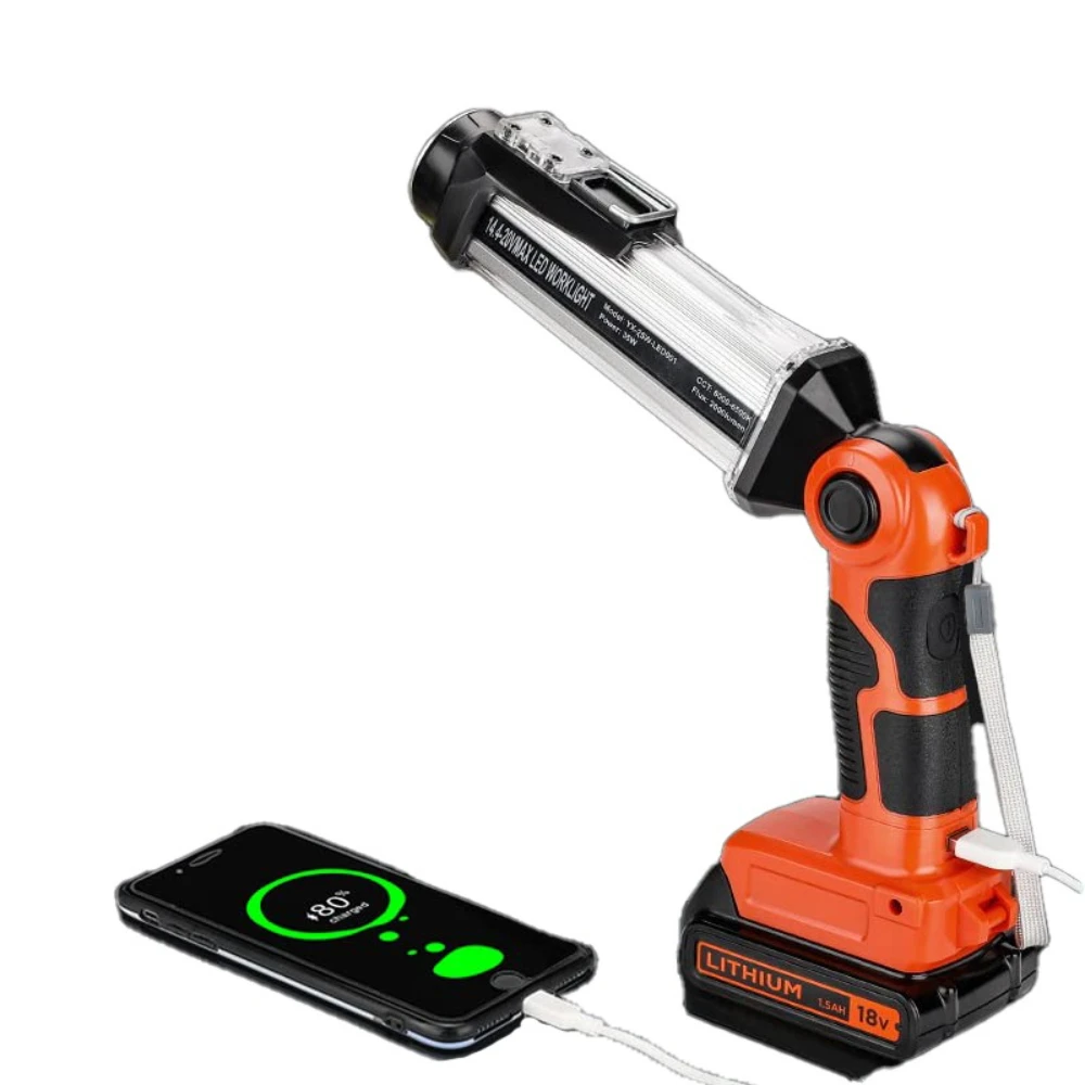 

Portable Camping Light Rechargeable Battery LED Work Light Outdoor Flashlight for Black & Decker 20V Li-Ion Battery with Hook