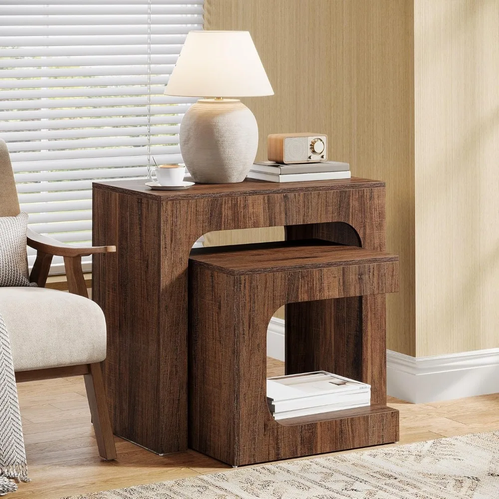 

Nesting End Table Set, Walnut Side Table for Living Room, Night Stand Set for Bedroom, Small Spaces, Brown