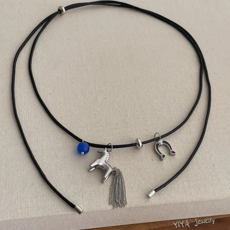 Minar Funny Metallic Cartoon Horse Multi Tassel Beads Pendant Necklaces for Women Female Adjustable Long Wax Rope Chain Chokers - 3