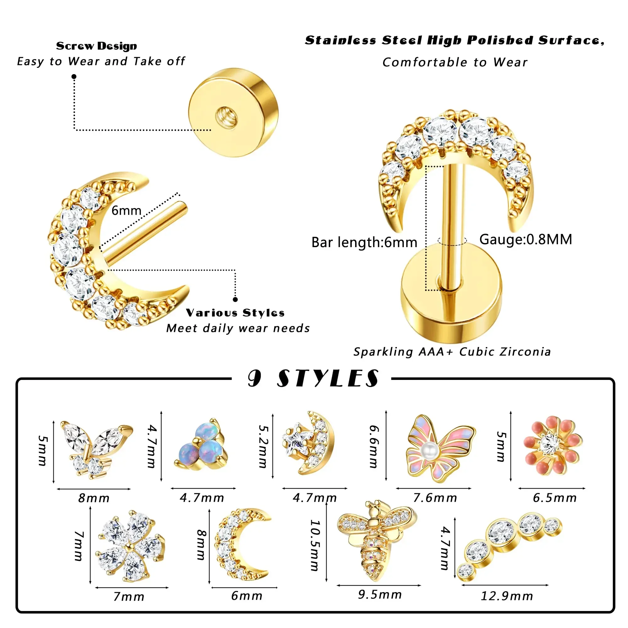 Drperfect 1 Stück Knorpel-Ohrstecker für Frauen, Chirurgenstahl, flache Rückseite, Schmetterling, Blume, Tragus, Helix, Piercing-Schmuck – Detail 3