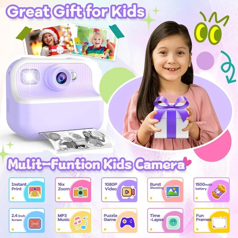 Camera Instant Print 48MP Kids Selfie Digitale Camera, 1080P HD Kindervideorecorder, 2,4 "peutercamera met printpapier