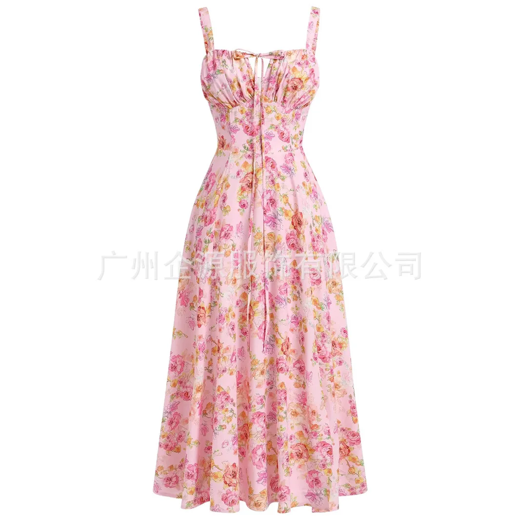 

Fresh And Sweet Flower Print Spaghetti Strap Dresses Women Elegant Sexy V-neck Leace-up Party Long Dress Summer Maxi Vestidos