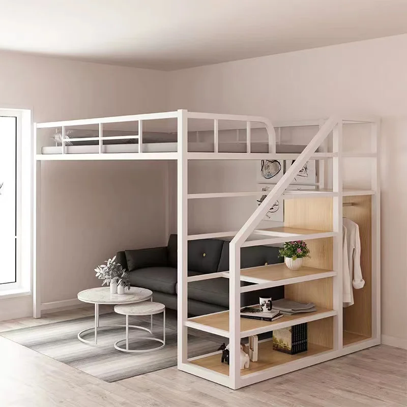 Small apartment duplex upper bunk iron bed second-floor loft double-layer multi-functional wrought iron bed