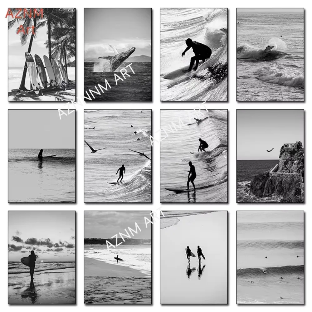 1PC ，Fine Surfing Black and White Photography Poster Beach Whale Prints Nautical Canvas Painting Wall Pictures Home Living Room