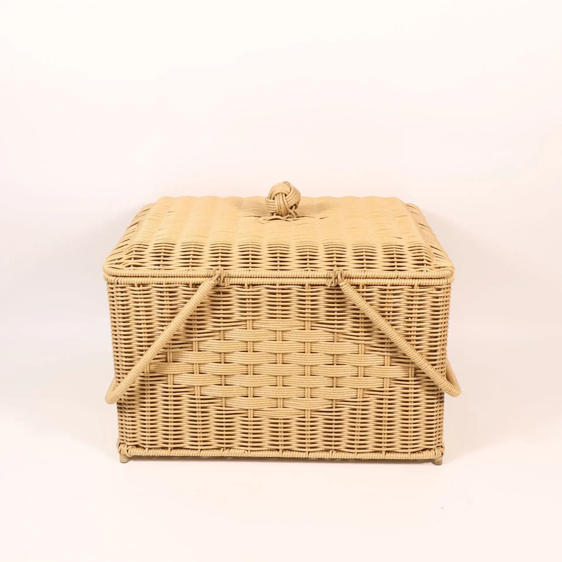 DSA Outdoor Camping Imitation Rattan Knitted Vegetable Basket Hand Basket, Double Layer Woven Lattice Rattan Knitted Storage