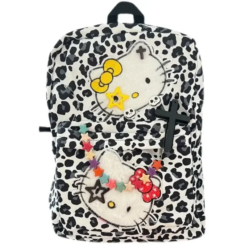 Cartable de dessin animé léopard pour filles, sac de rangement Sanurgente Hello Kitty Travel SR, cartable étoile, 42x31x14cm