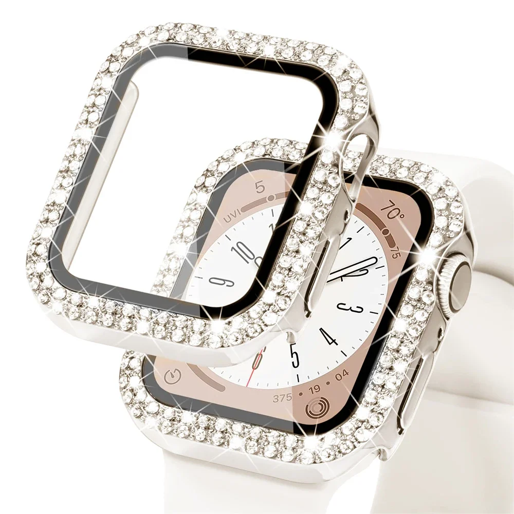 Starlight-Gehäuse für Apple Watch 45 mm, 41 mm, 38–42–44 mm, 40 mm, Diamant-Hartglas + Stoßstange, Displayschutzfolie, Serie 9, 8, 7, 6, 5, 4, 3 SE