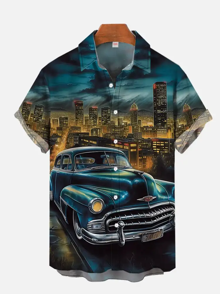 

1970S-1980S Vintage Car Graphic Hawaiian Beach Shirts Full Printing Short Sleeve Aloha Shirt Retro Vacation Shirt For Men