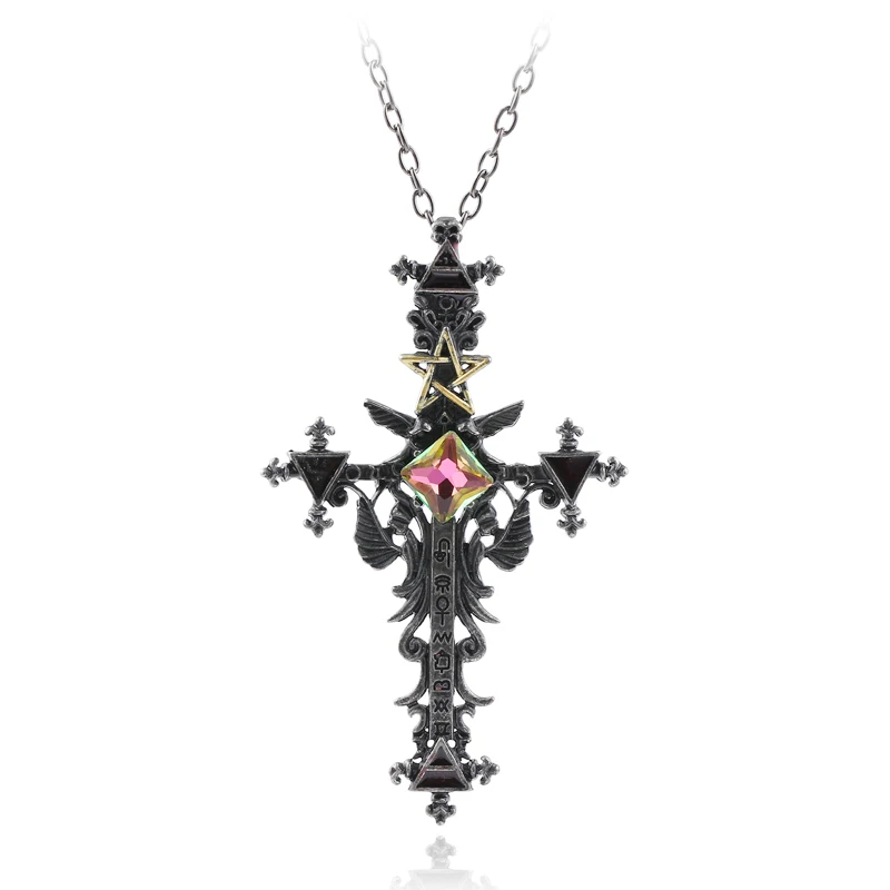 Vintage Cross Necklace for Women Men Crystal Crucifixo Christian Decor Catholic Saints Accessories