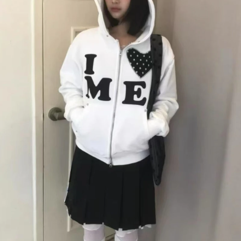 

New pattern text embroidery retro zipper women zipper hooded sweatshirt ins gothic heart pattern sweatshirt k pop clothes