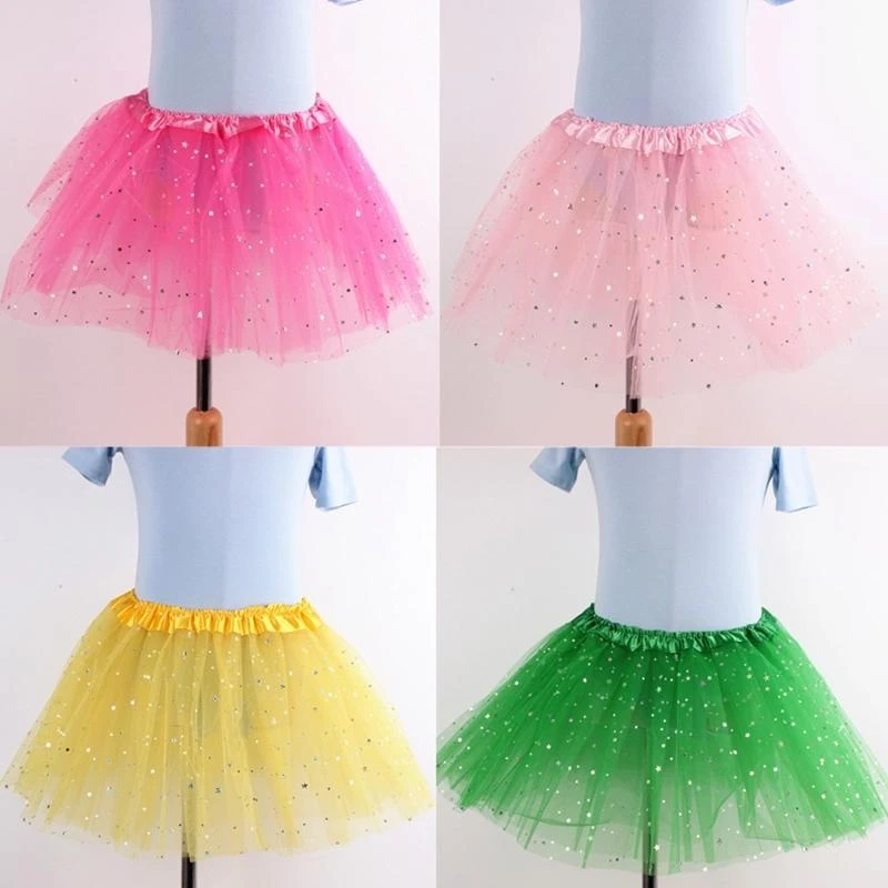 R6FD Children Kids Girls Shiny Sequins Ballet Skirts Elastic Mesh Tutu Dress Gymnastics Dancing Skirt Princess Dance