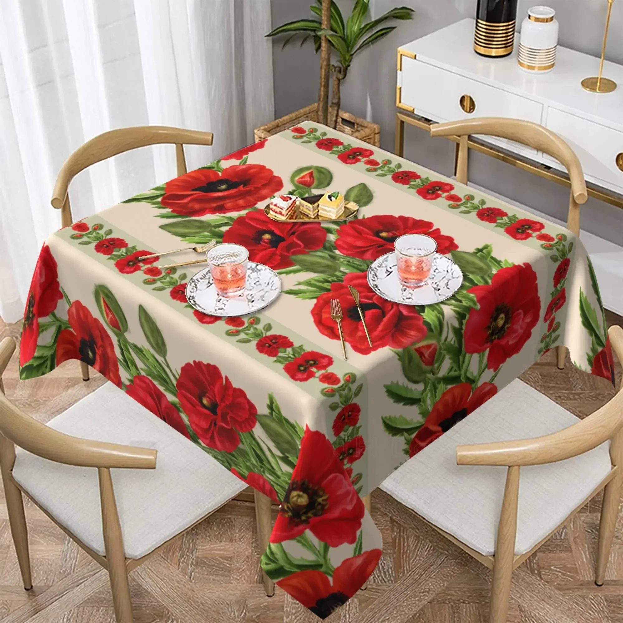 Mantel cuadrado de amapola de flor roja, cubierta de mesa lavable de 60x60 pulgadas, mantel para cocina, comedor, decoración de mesa para fiesta