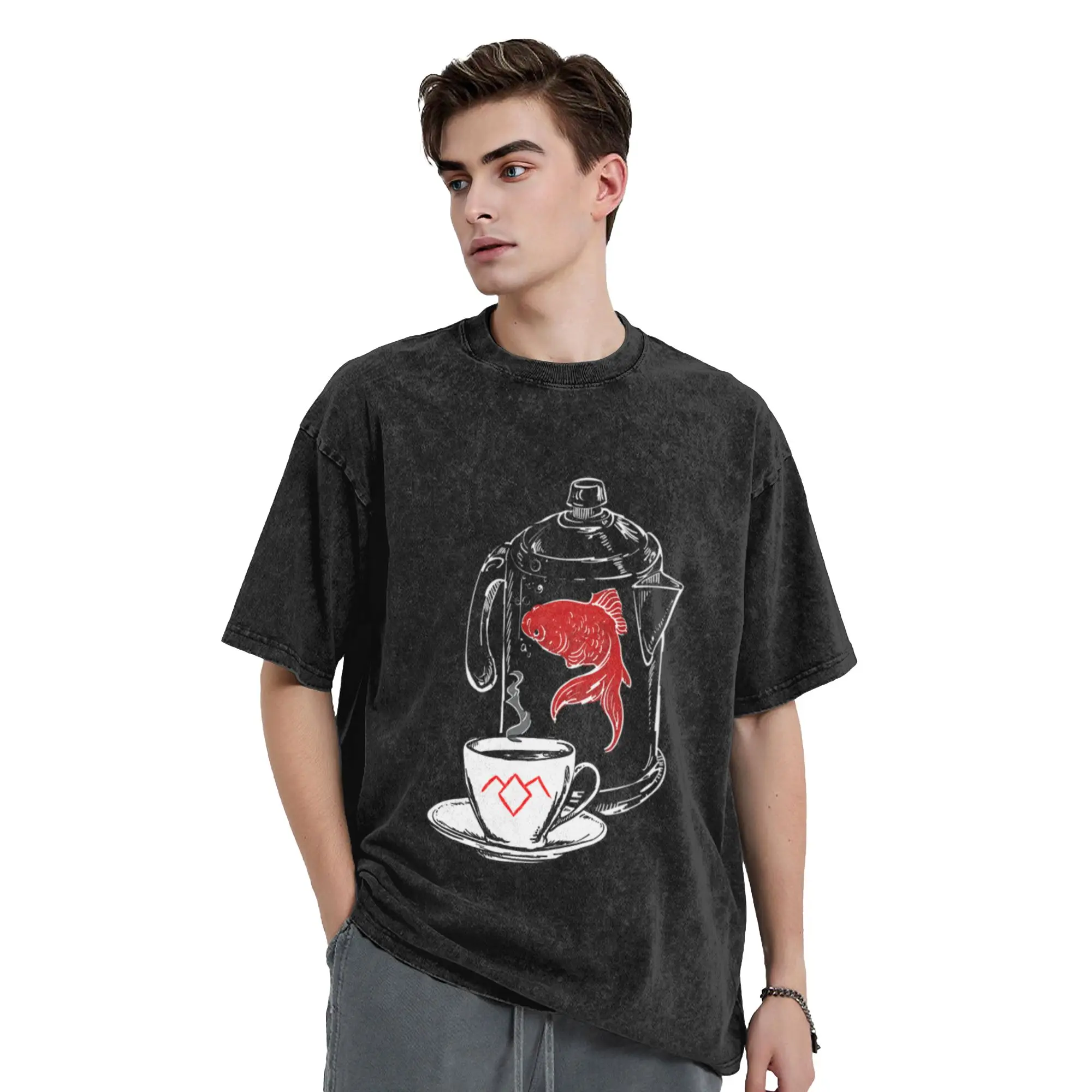 Twin Peaks A Fish In The Percolator Vintage Coffee Shop Print  Chic A Washed T Shirt Men's Women's Oversized Cotton Tees Tops