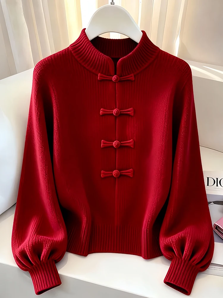 

Ele Thiened Red Knitted Sweater Women's Sle 2026 New Autumn Winter ort Lantern Sve Faionable Versatile Top