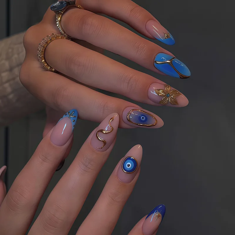 24個入りロングスティレットネイルセット、フラワー・スターデザイン、アーモンド型ネイルチップ、フレンチグラデーションフェイクネイルアート、完成済みつけ爪