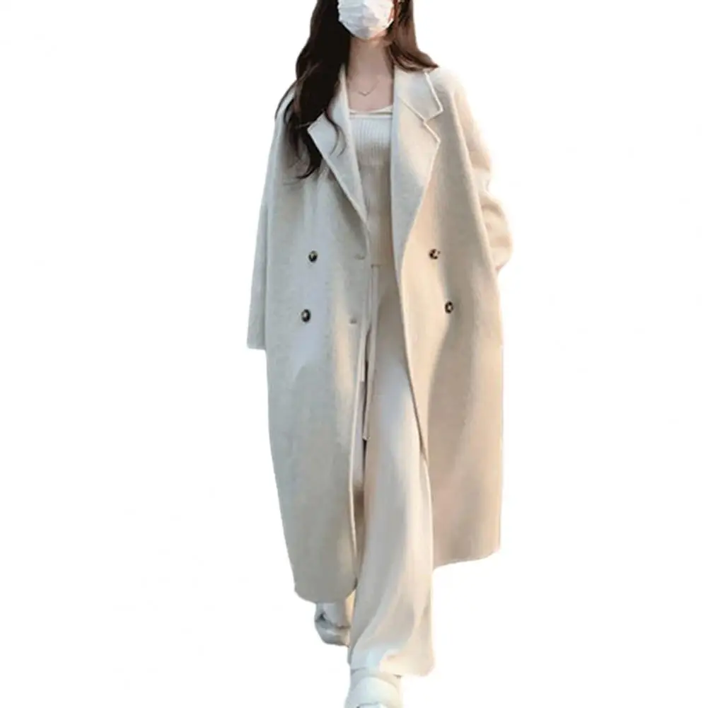 Trench coat feminino de comprimento médio trespassado, sobretudo quente à prova de vento, design lapela, design elegante, monocromático, outono