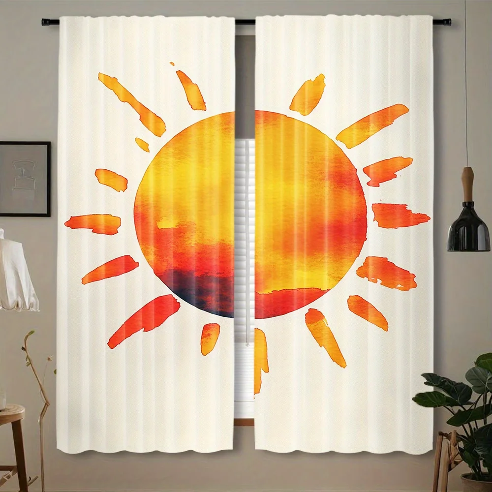 Watercolor Gradient Sun Rod Pocket Curtain Hand Painted Orange Yellow Sun Rays Cream Base Warm Print For Boho Bedroom Nursery