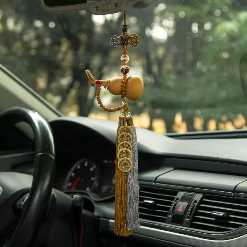 Natural Gourd Car Hanging Ornament with Five Emperors Coins Rearview Mirror Pendant Safe Travel Lucky Car Interior Decoration