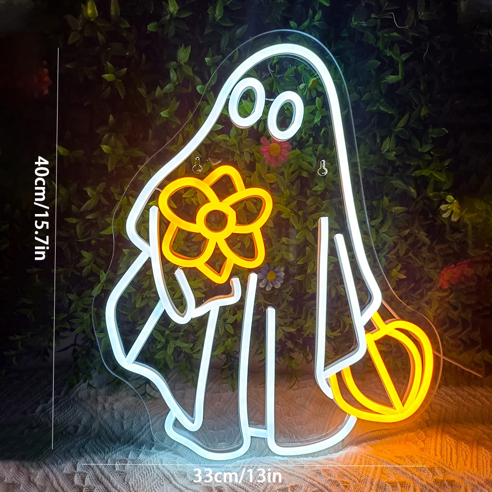 Flower Ghost Neon Sign For Wall Decor Halloween Room Decoration Party Home Bedroom Bar Living Room Nice Gift Led Light Up Signs