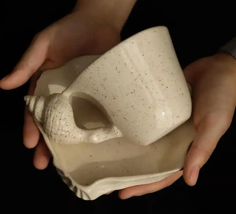 

Handmade Ceramic Sea Shell Mug, Natural Shell Coffee Cup, Ocean Theme Tea Cup, Unique Beach Wedding Gift