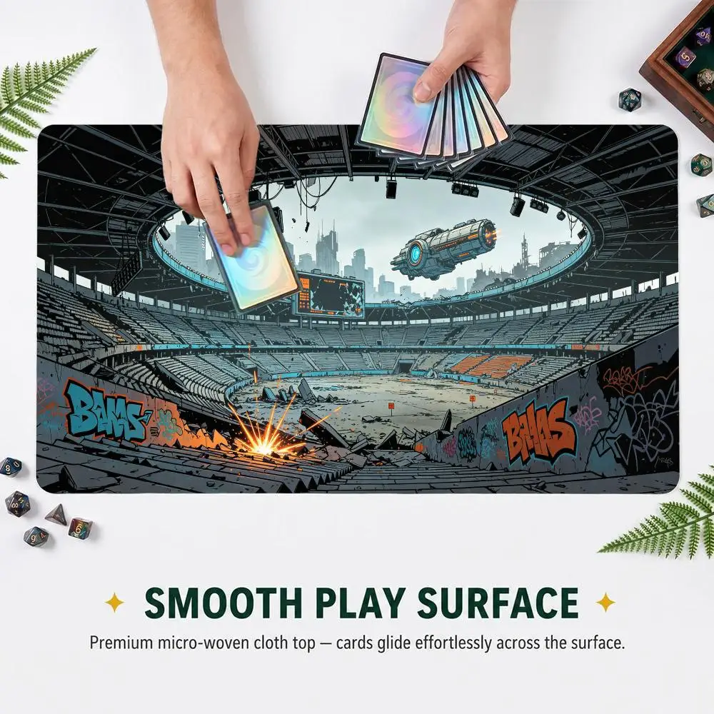 60X35cm Cyberpunk Abandoned Stadium Graffiti TCG Playmat Trading Card Game Mat Non‑Slip Rubber Table Pad For Card Game Players