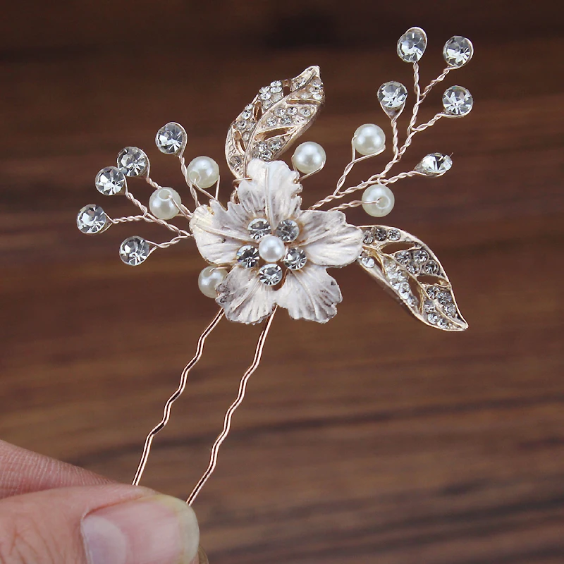 Заколки для волос ручной работы с розовым и золотым цветком, роскошные свадебные шпильки с кристаллами и жемчугом, аксессуары для волос