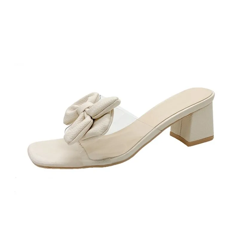 Heeled Women Slippers Bow High Heels Sandals Woman Shoes 2025 Trend Fashion Chunky Pumps Summer Dress Shallow Mujer Zapatos view 3