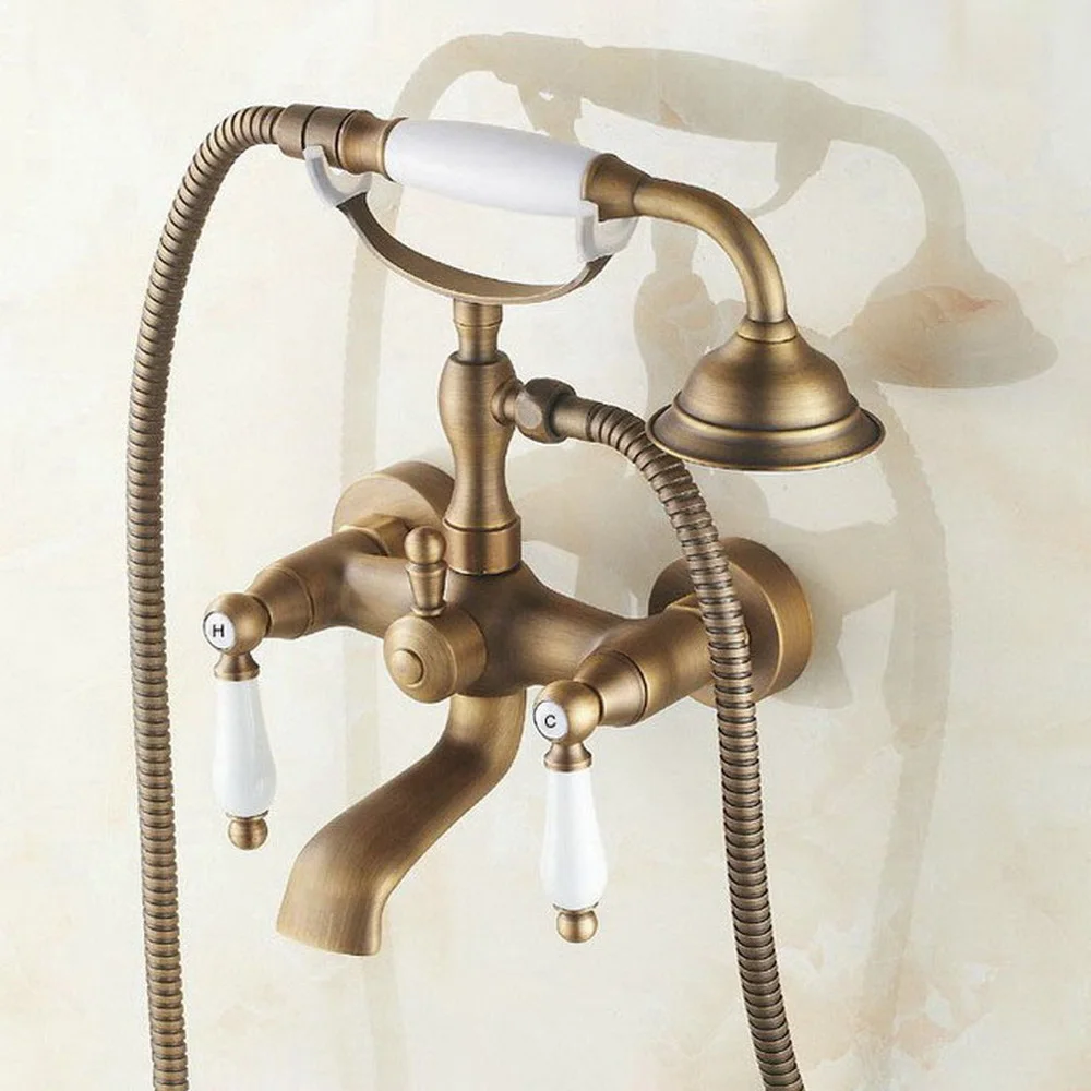 Vintage Retro Antique Brass Double Ceramic Handles Wall Mounted Claw Foot Bathroom Tub Faucet Mixer Tap With Handshower mtf152