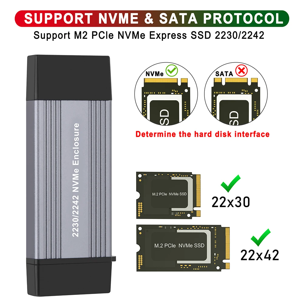 M.2 NVME PCIE SSD Enclosure USB3.1 Gen2 10Gbps USB/Type-c Dual Interface NVME Case SSD M.2 Adapter M/M+B Key Supports 2230 2242