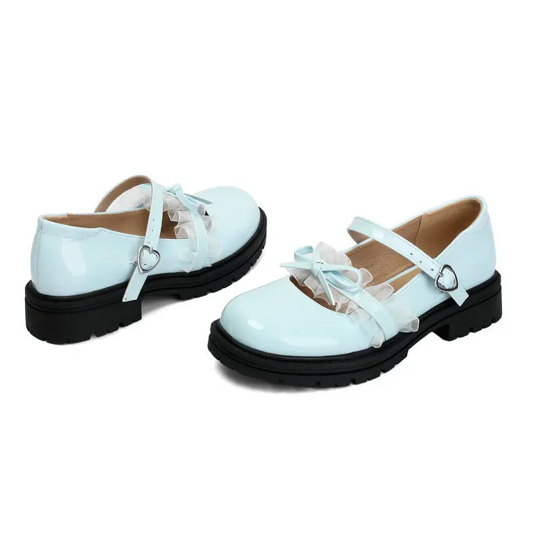 Gothic Lolita Mary Janes Patent Leather Lace Ruffle Bowknot Block Heels for Women Girls Dark Academia Cosplay Shoes