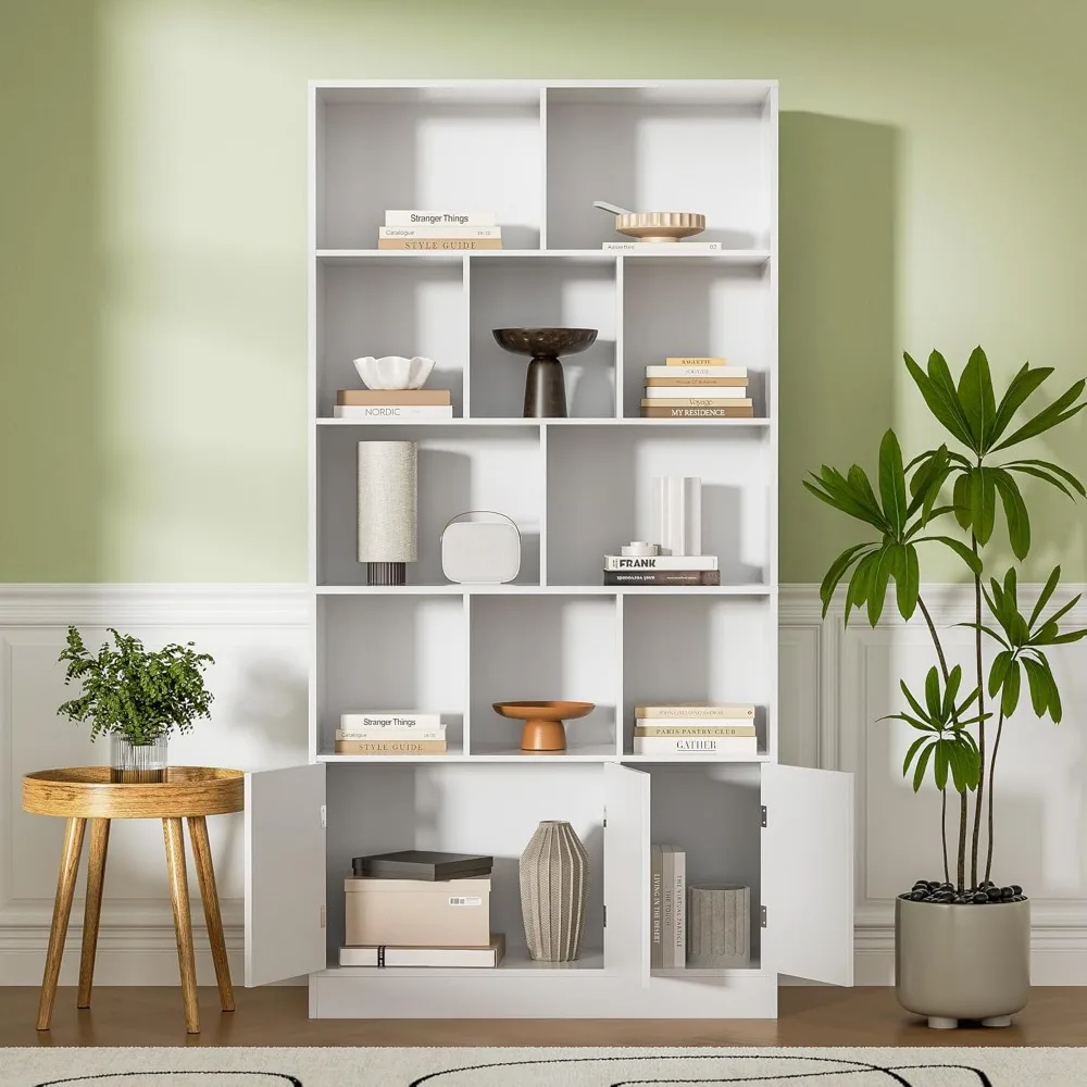 71 رف كتب طويل مع 10 مكعبات و3 أبواب، رف كتب من 4 طبقات، خزانة كتب مفتوحة مع خزانة، منظم تخزين مكعب حديث f