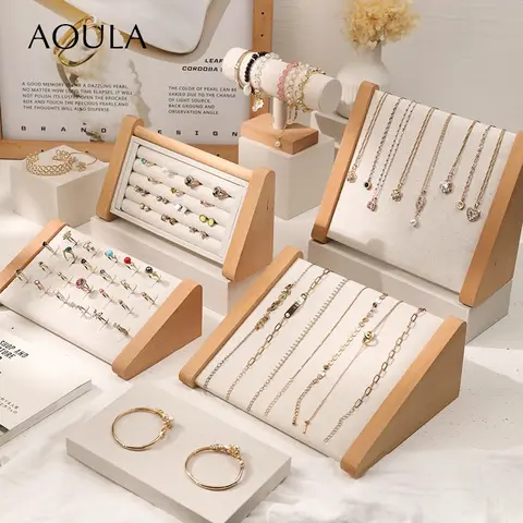 Barra en T de madera de lujo para pulsera, brazalete, soporte para joyería, collar de lino, pendiente, anillo, conjunto de joyería, organizador de exhibición en encimera