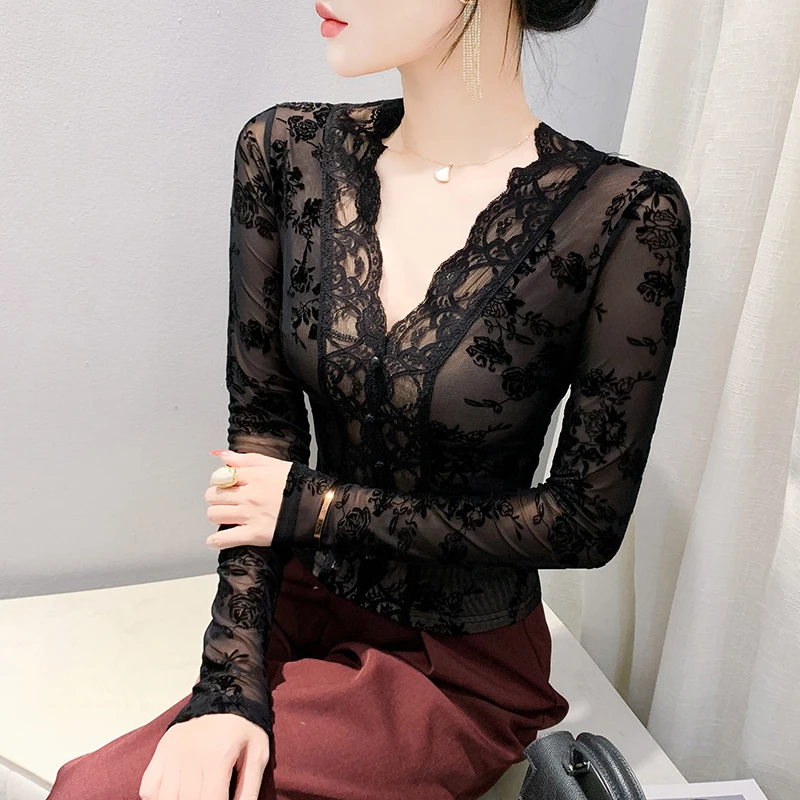 Autumn Winter New Women's Tees Fashion Sexy V-Neck Flocking Hollow Out Lace Tops M-3XL Elegant Slim Black T-Shirt