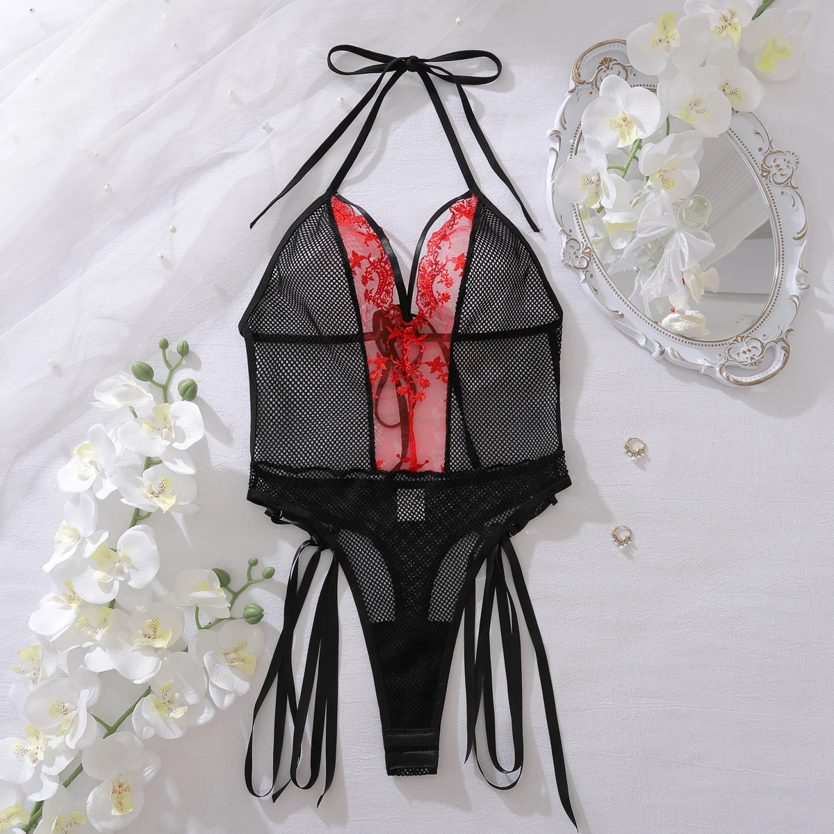 MUZISKAT 2025 Fashion Flower Embroidery Stitching Contrast Color Fishing Net Shaping Sexy Halter Tie Fun Nightclub Bodysuit