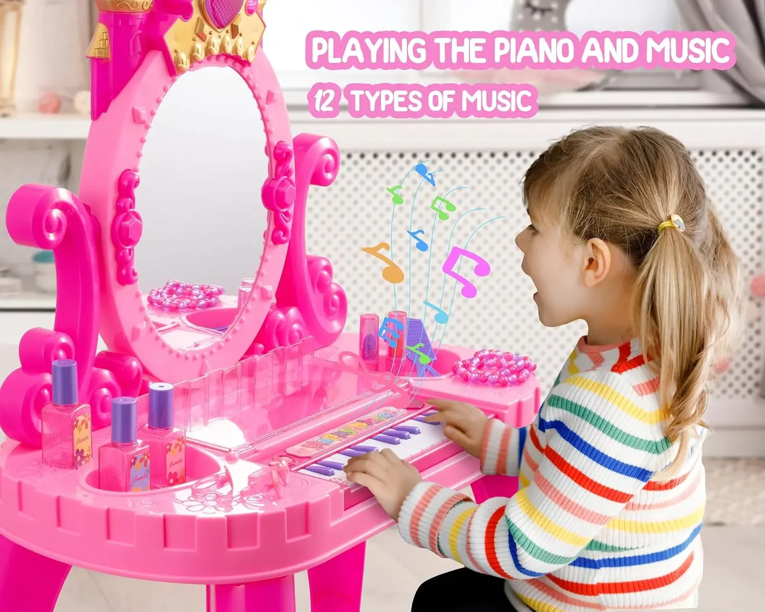 Jouet de table de maquillage avec miroir réglable, siège confortable, orgue électronique, lumières pour petites filles, ensemble de vanité pour tout-petits