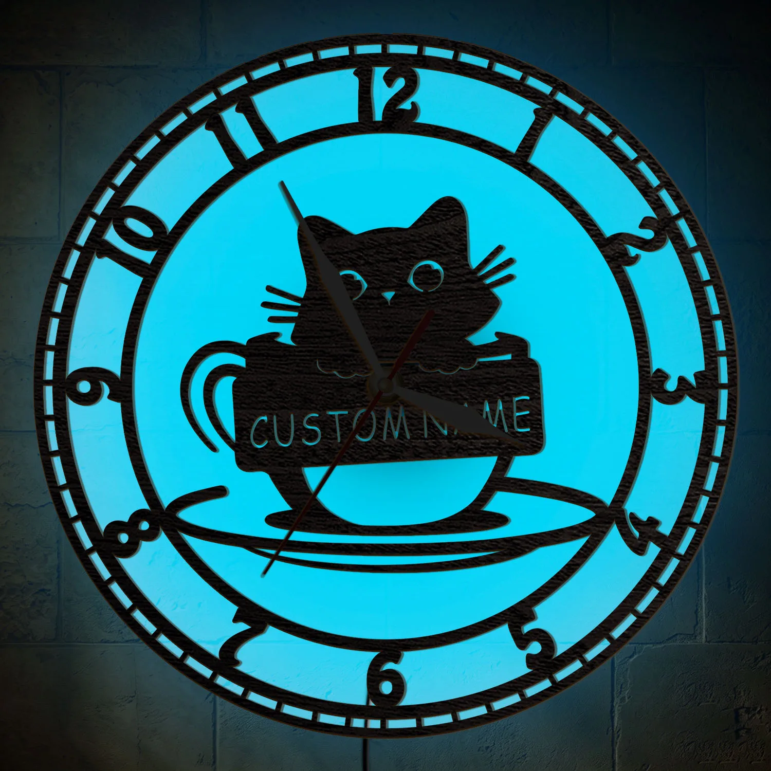 Custom Name Cat In Teacup LED Wall Clock for Home Kitchen Dinning Room RGB Color Changes Night Light Clock Pet Kitten Home Decor